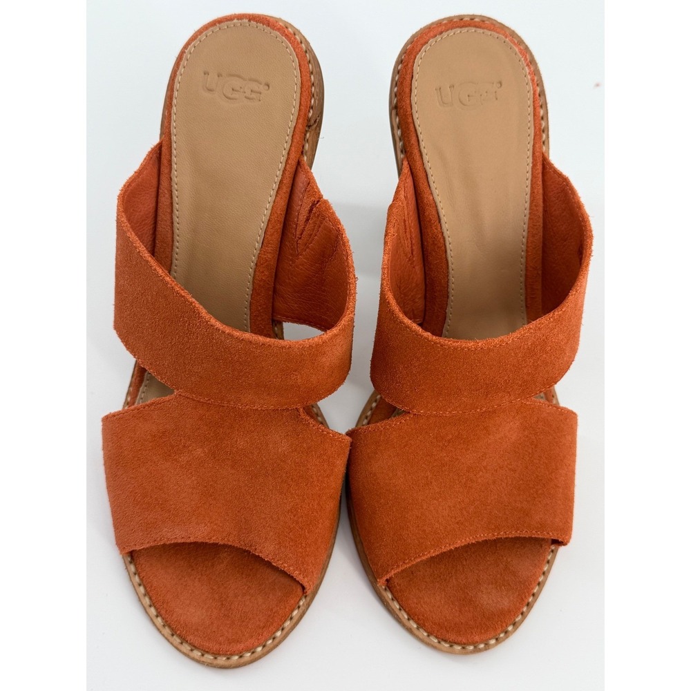 UGG Suede‎ Heeled Sandals Mule Rust Orange Size 7 Double Strap Wooden Heel NWOT